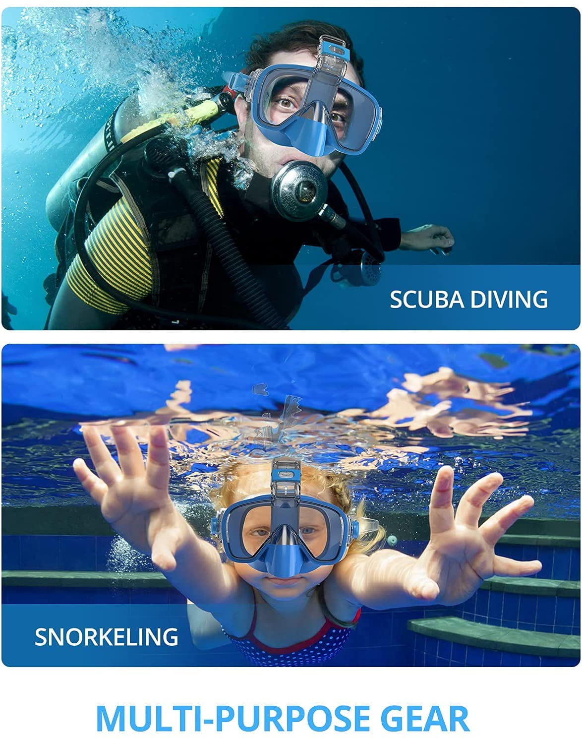 AKASO Snorkel Mask Broad View Anti-Fog Anti-Leak for Adults and Younger (Light Blue)