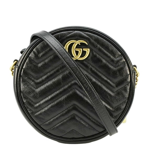 Pre-Owned GUCCI GG Marmont Mini Round Leather Crossbody Bag Black 550154