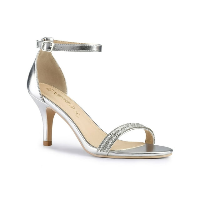 BLISSFUL STEP Women's Solid Color Open Toe Rhines Ankle Strap Stiletto Sandals Silver 6
