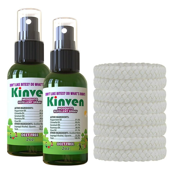 Kinven Bracelets and Spray Pack for Mosquito - 2 x 2oz Bottle 8 Bracelets, White, Great Looking and Natural, Insect Wristband & Spray, Waterproof, Indoor Outdoor Protection for Adults & Kids
