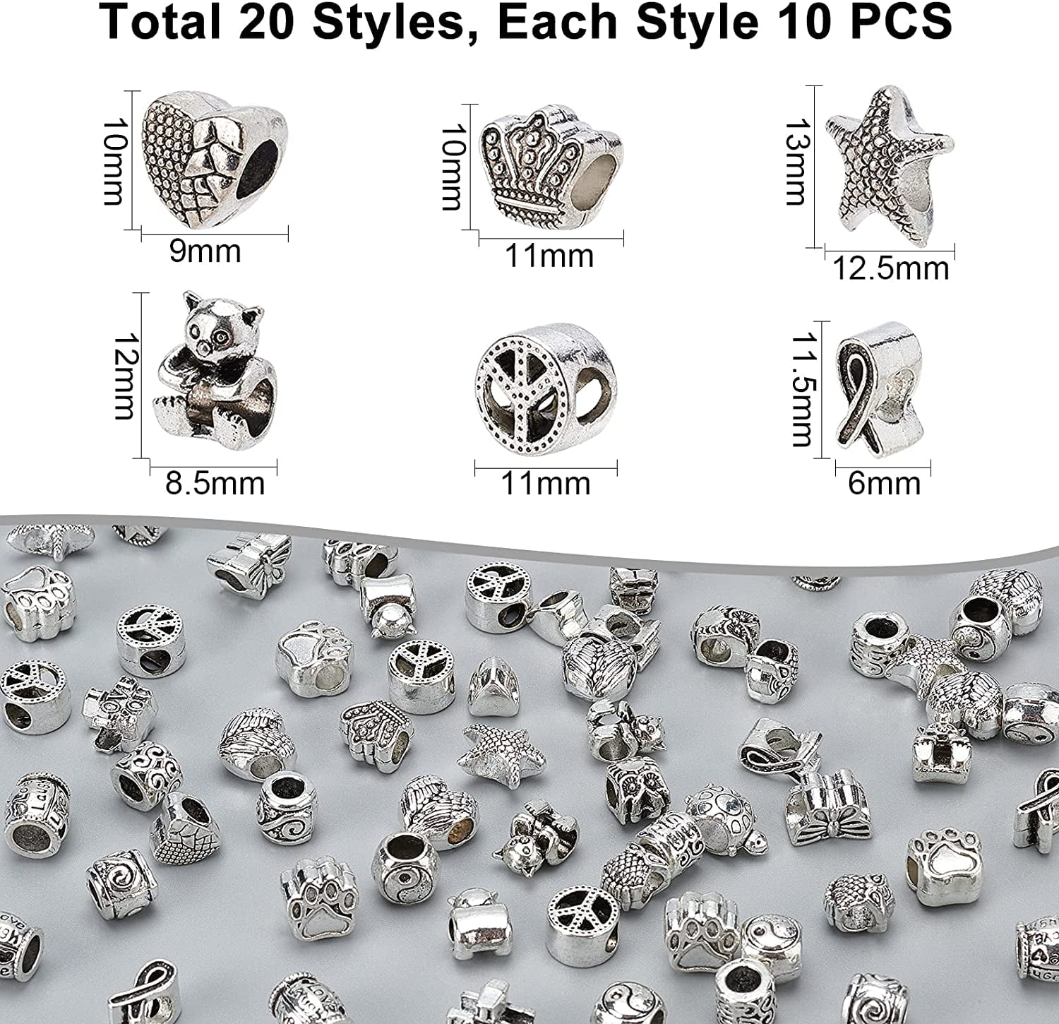 200Pcs Tibetan Style European Beads Metal Large Hole Beads Alloy Spacer Loose Beads Antique Silve Charms for Jewelry Making