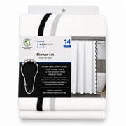 Mainstays 14 Piece Black and White Scallop Shower Curtain Set – 72 x 72 Faux Linen Fabric, Waterproof PEVA Liner & Metal Hooks, Machine Washable