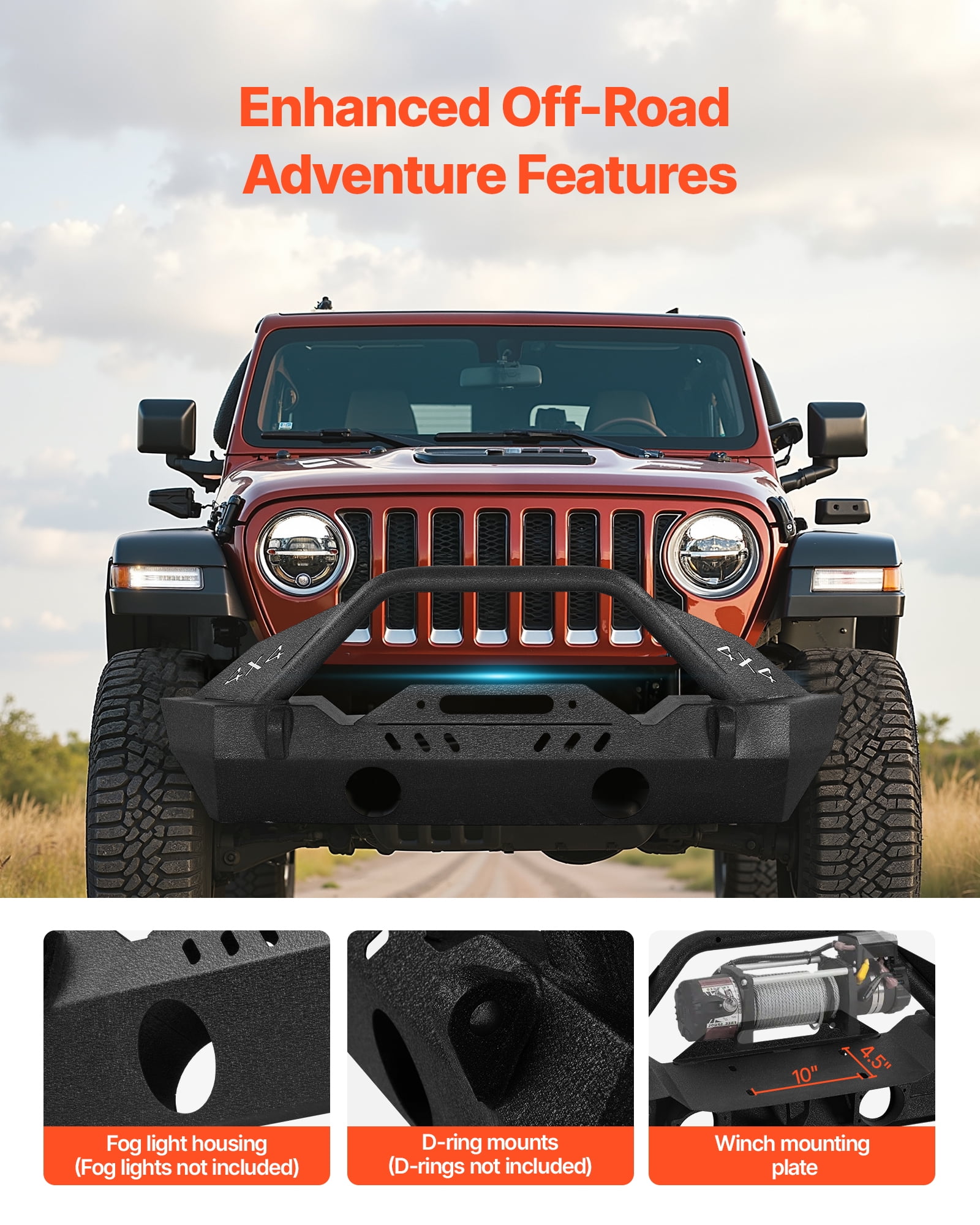 VEVOR Front Bumper Compatible with 2018-2024 Jeep Wrangler JL JLU & Gladiator JT, Heavy-Duty Steel Front Bumper with Winch Plate, D-Ring Mounts & Fog Light Housing