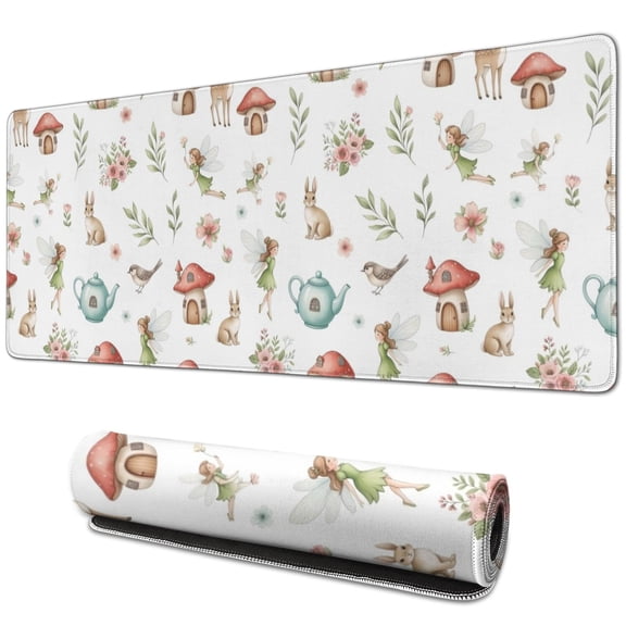 Long Mouse Pads for Desk,White Forest Fairy Pattern Desk Mats on Top Of Desks, Desk Mouse Pad Extra Large with 3mm Non-Slip Base and Stitched Edge for Gaming,Office,Work,Home 31.5"x11.8"
