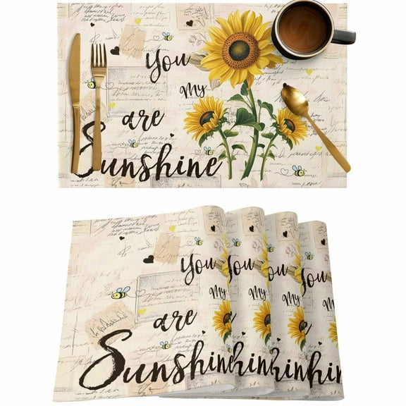 Farm Sunflower Sunshine Placemats Set of 4,Wipeable Washable Table Mats for Dining Tables,Country Bee Retro Letter Place Mats for Kitchen Event Party Tabletop Decor
