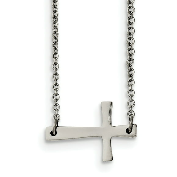 Stainless Steel Polished Sideways Cross Necklace 16in