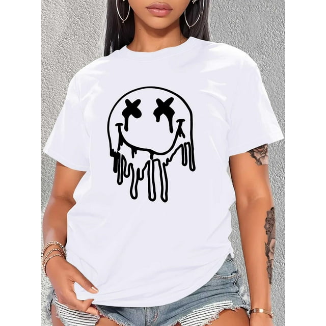Camiseta De Verano Con Cuello Redondo Para Mujer, Camisetas De Verano Para Ir De Compras En La PlayaWomen's Casual Graphic Tee - Black and White joyful Face Print, Short Sleeve Crew Neck T-Shirt, Li