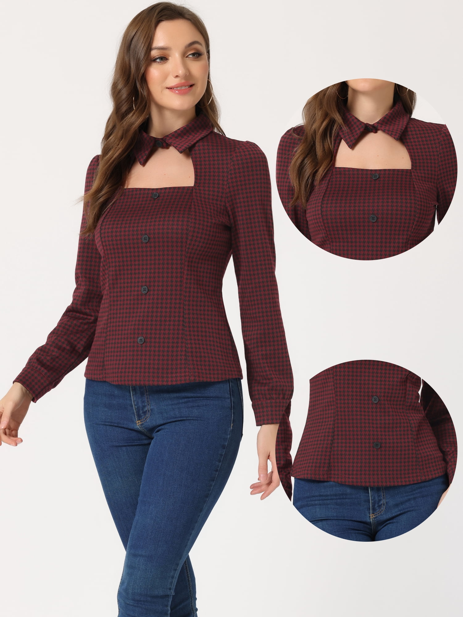 DARING DIVA Puff Long Sleeve Elegant Blouse Top L Dark Red
