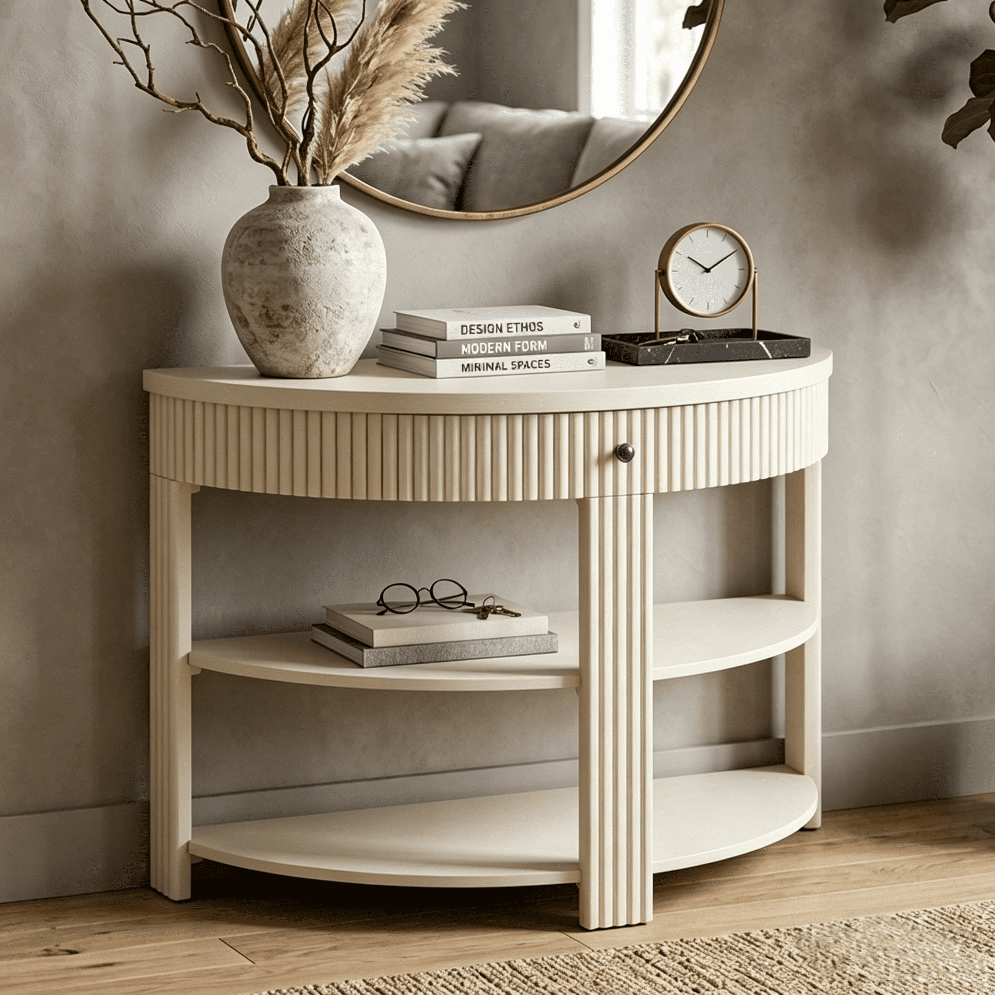 Aukfa 37" Fluted Half Moon Console Table with Drawer & Open Shelves, Entryway Accent Table for Living Room Hallway, Cream