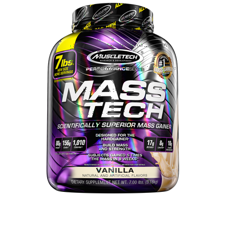 MuscleTech Mass Tech 100% Whey Protein Powder Mass Gainer, Vanilla, 80g Protein, 7lbs,