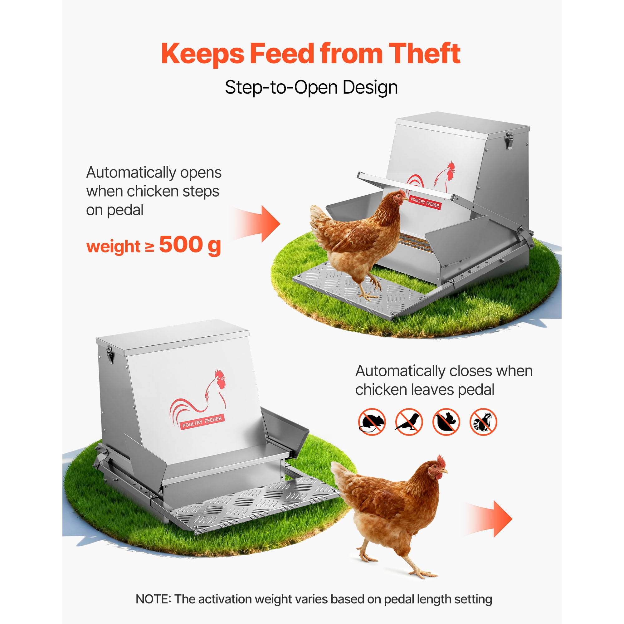 KFFKFF Automatic Poultry Feeder, 40 lbs Capacity, Weather-Resistant Treadle Feeder with Secure Lid, Minimal Feed Waste, Durable Galvanized Steel Design, Suitable for Outdoor Use with Chickens