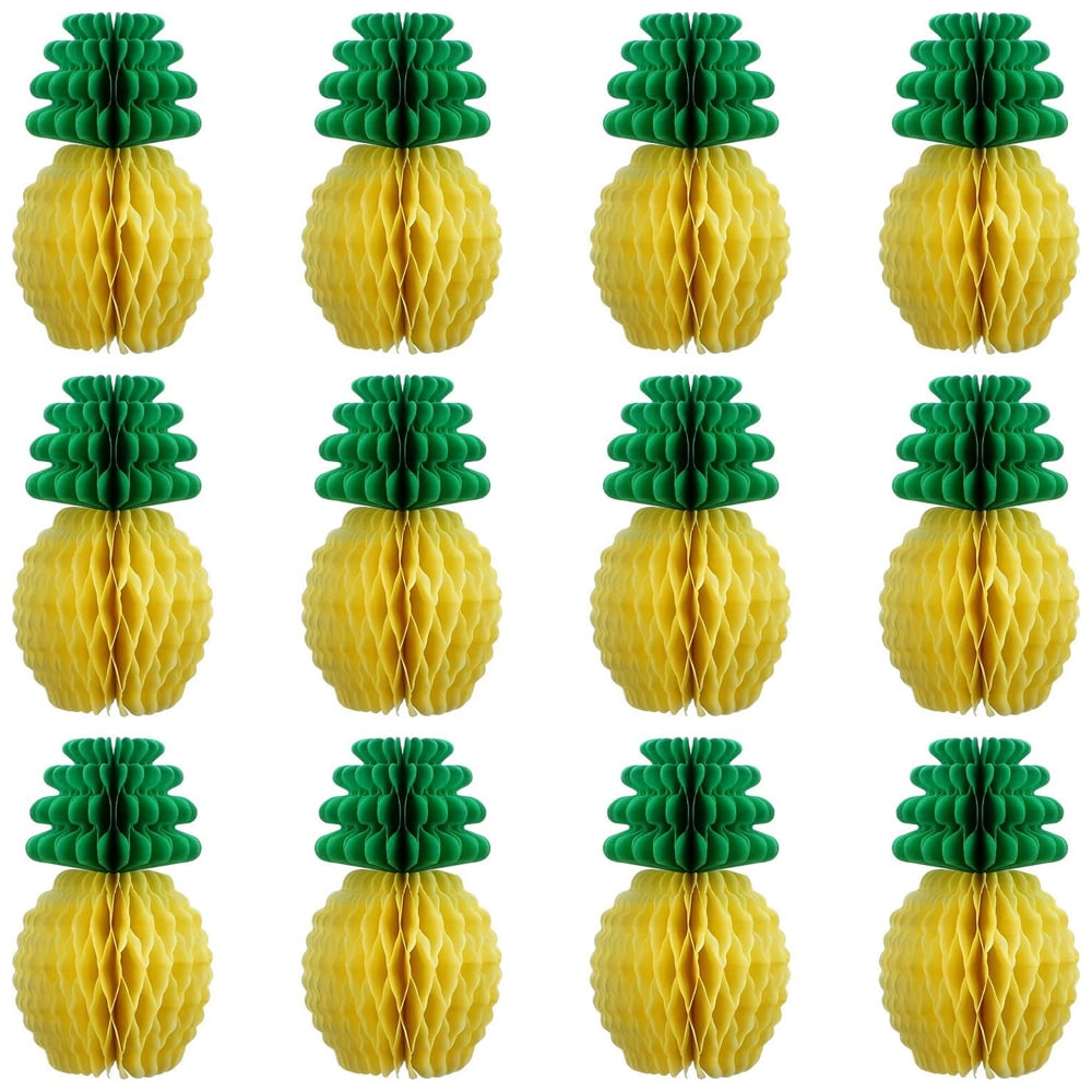LNGOOR Pineapple Honeycomb Centerpieces Tissue Paper Pineapple 8' Party Supplies Table Hanging Decoration Hawaiian Luau Party Birthday Wedding Home Favor, 12 Packs