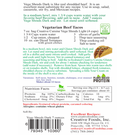 Vege Shreds Dark, Veggie Meat, Shredded Beef, Shredded Dark Meat , Bulk 12 pounds, FREE Shipping