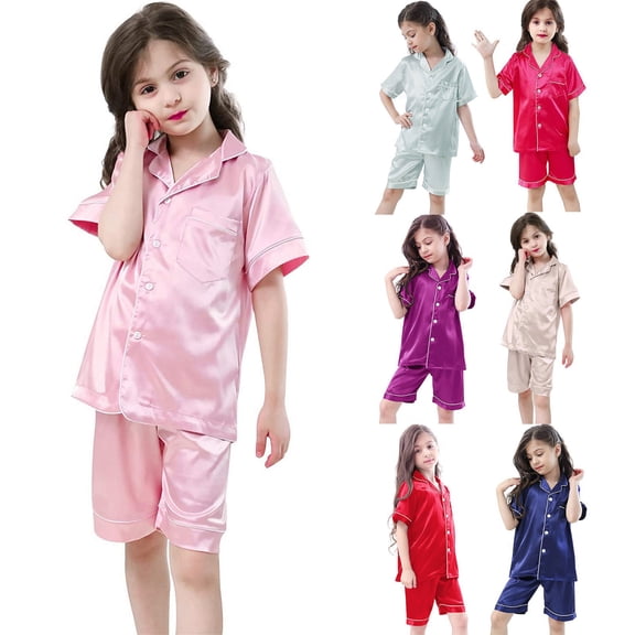 WOYY Toddler Girls Loungewear Set Satin Silk Button Down Shirt and Shorts Sleepwear Set Kids Clothing Sets, Sizes 2-3