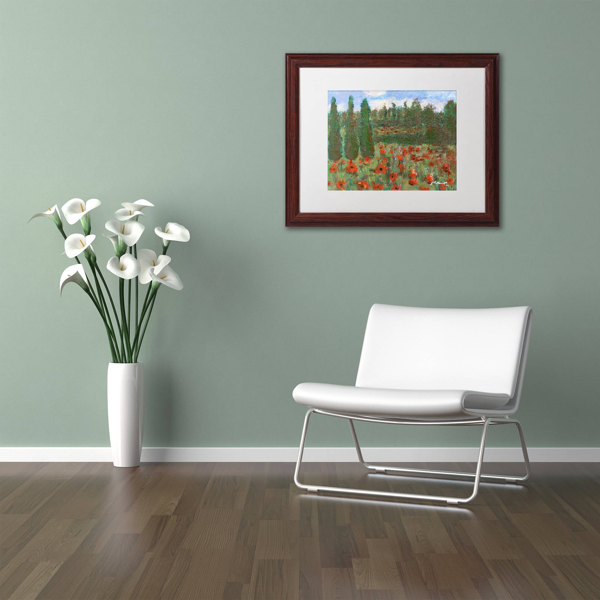 Trademark Fine Art "Red Poppies in the Wood" Canvas Art by Manor Shadian White Matte, Wood Frame