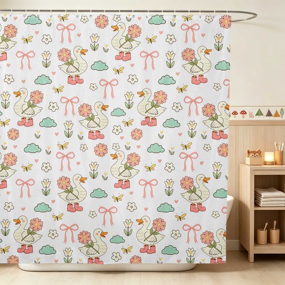 Erosebridal Duck Shower Curtain 72Wx72L for Girls, White Flowers Bows Waterproof Bathroom Curtain