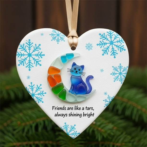 Adorno de la amistad con forma de corazón de vidrio marino, recuerdo de la amistad, adorno de corazón de la amistad para árbol de Navidad.