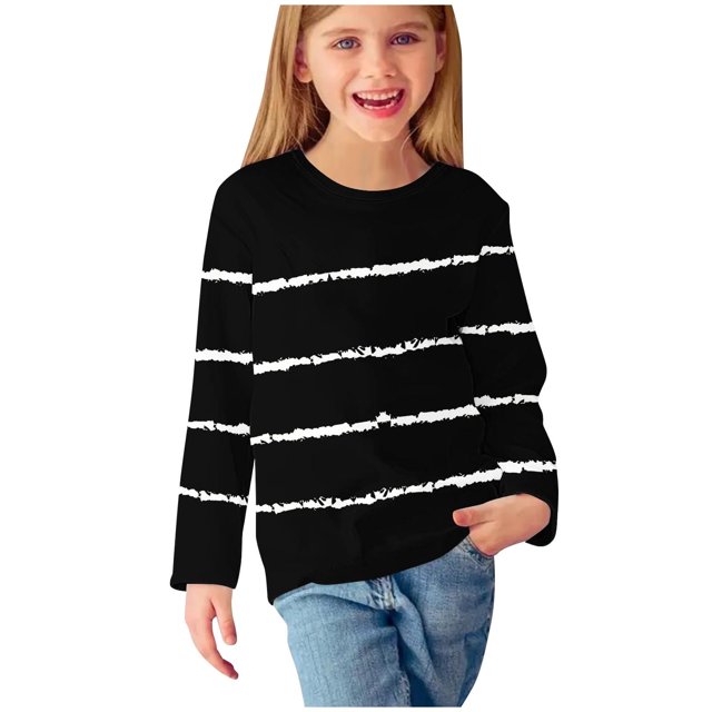 Girls Long Sleeve T Shirts Kids Striped Patchwork Crewneck Fall Winter Tunic Tops Basic Tees 5-14 Years