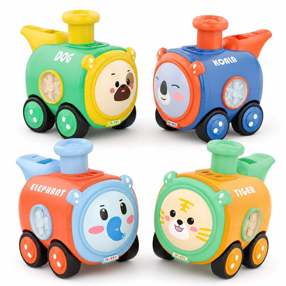 Rirool Baby Train Car Toys 4PCS, Press to Go Toddler Push Cars with Whistle Sound, No Battery Cartoon Vehicle Toys for Boys Girls Ages 1-3, Learning Birthday Christmas Gift Set