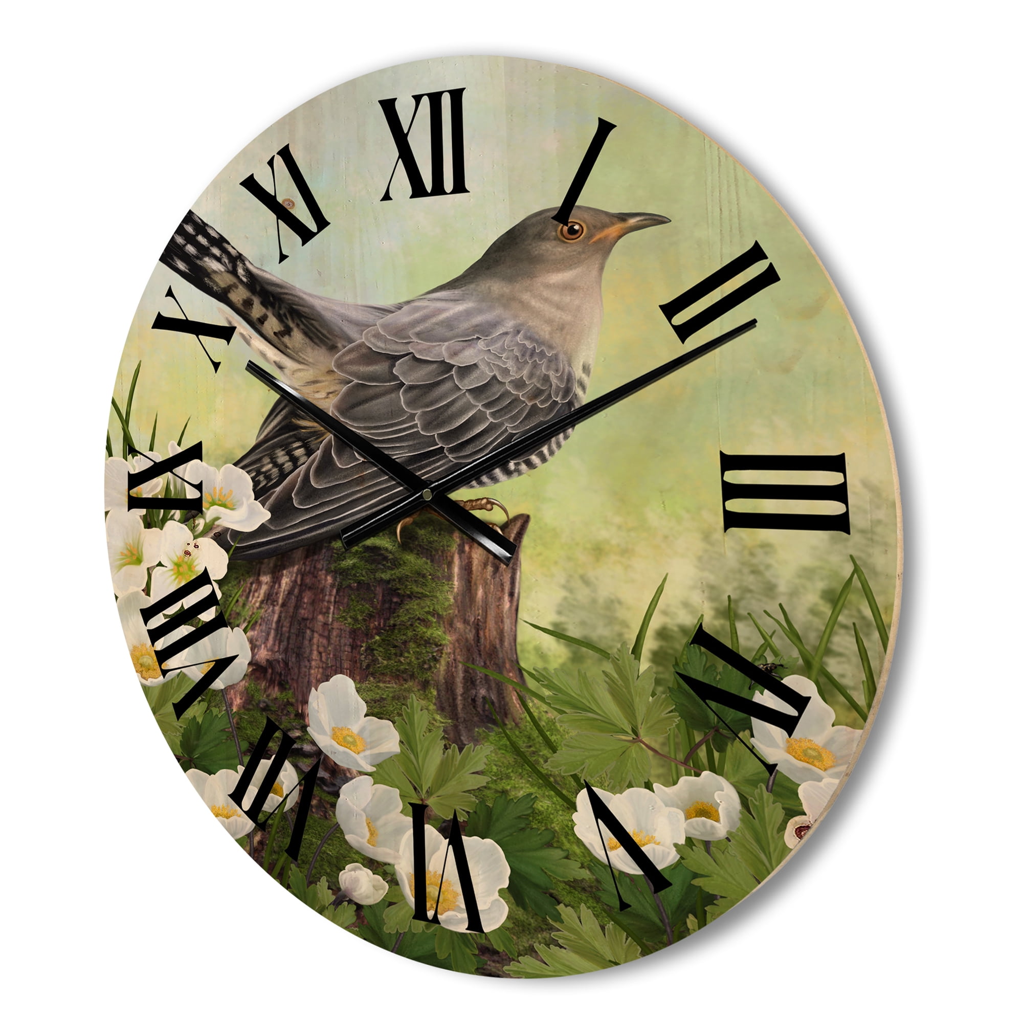 Designart 'Cuckoo Bird On An Old Stump and White Flowers' Traditional Wood Wall Clock