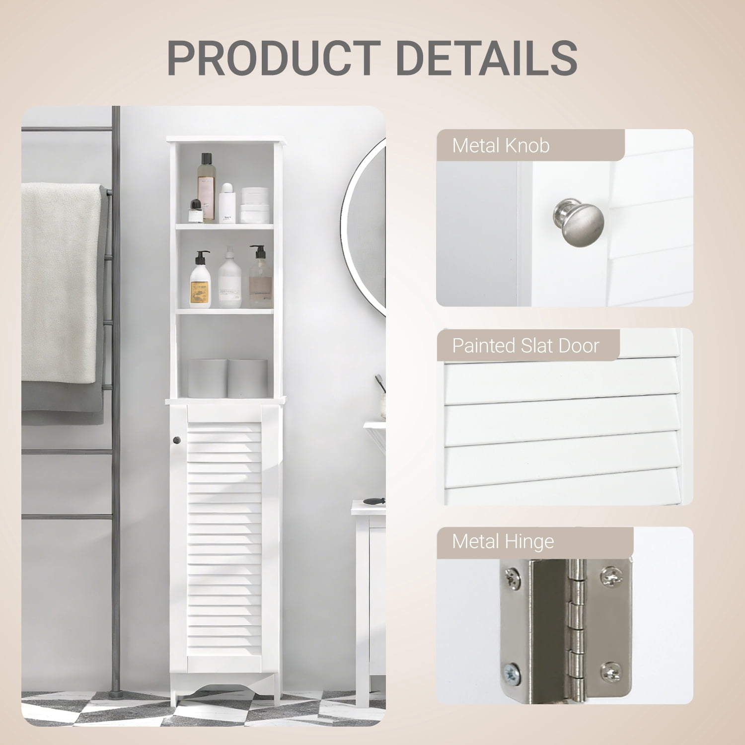 HOQBN Tall Bathroom Storage Cabinet, Freestanding Tower with 3-Tier Open Adjustable Shelf and Cupboard, White