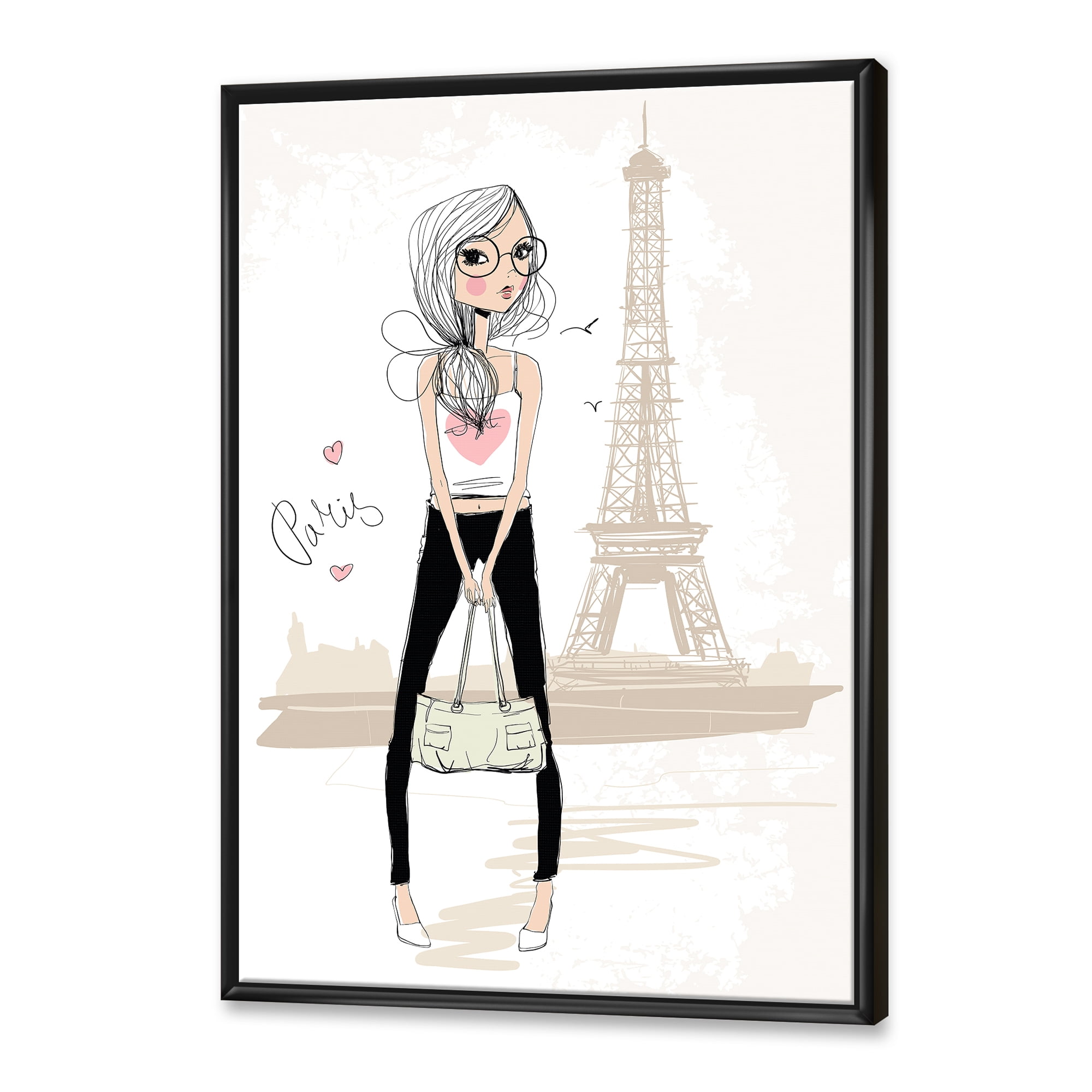 Designart 'Cute Girl By The Tour Paris Eiffel Tower' Children's Art Framed Canvas Wall Art Print