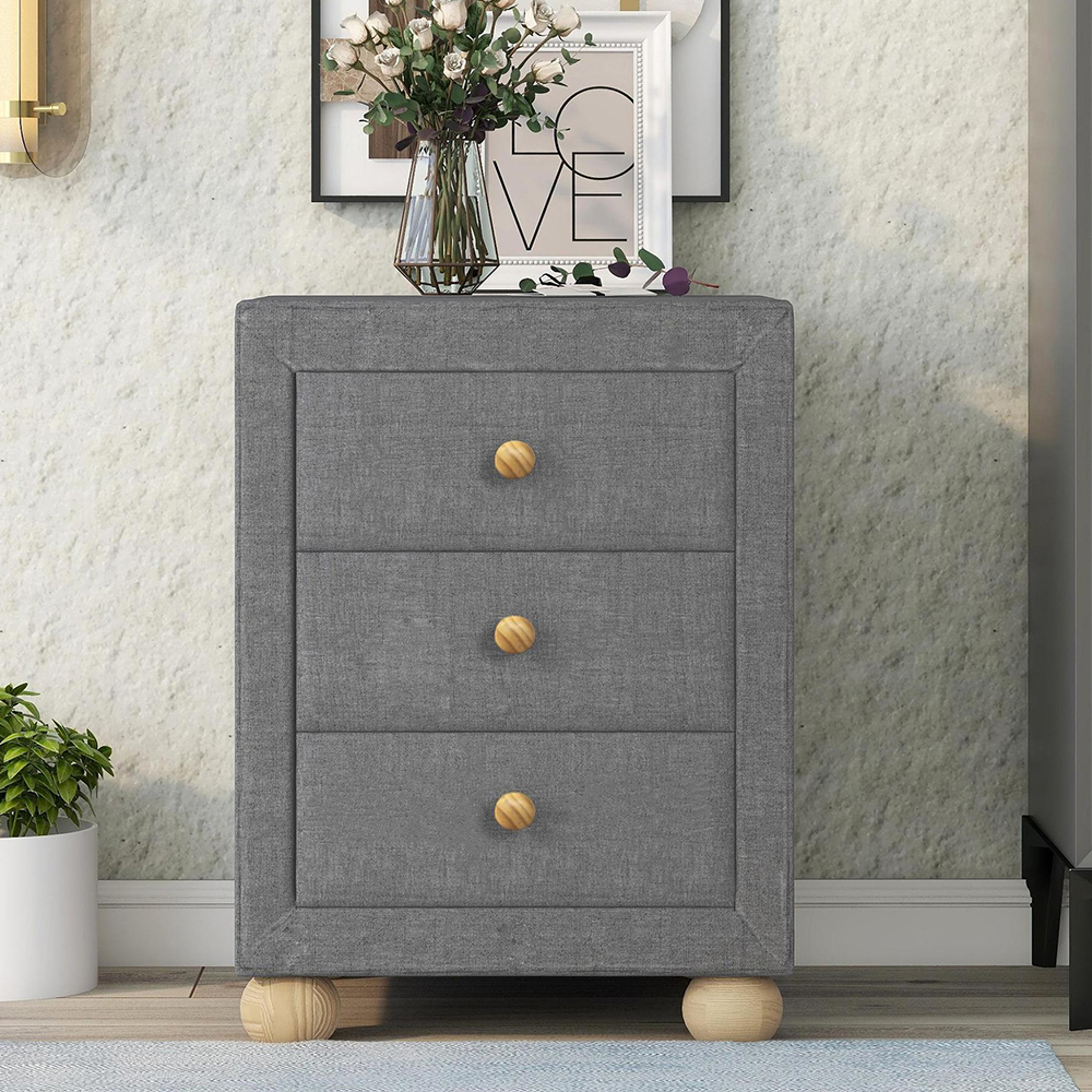 Bed Nightstand, Nightstand with 3 Drawers, Upholstered Nightstand