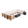 thumbnail image 2 of Leyla Outdoor 12 Piece Acacia Wood U-Shaped Sectional Sofa Set with Cushions and Iron Fire Pit, Teak, Beige, Dark Gray, 2 of 11