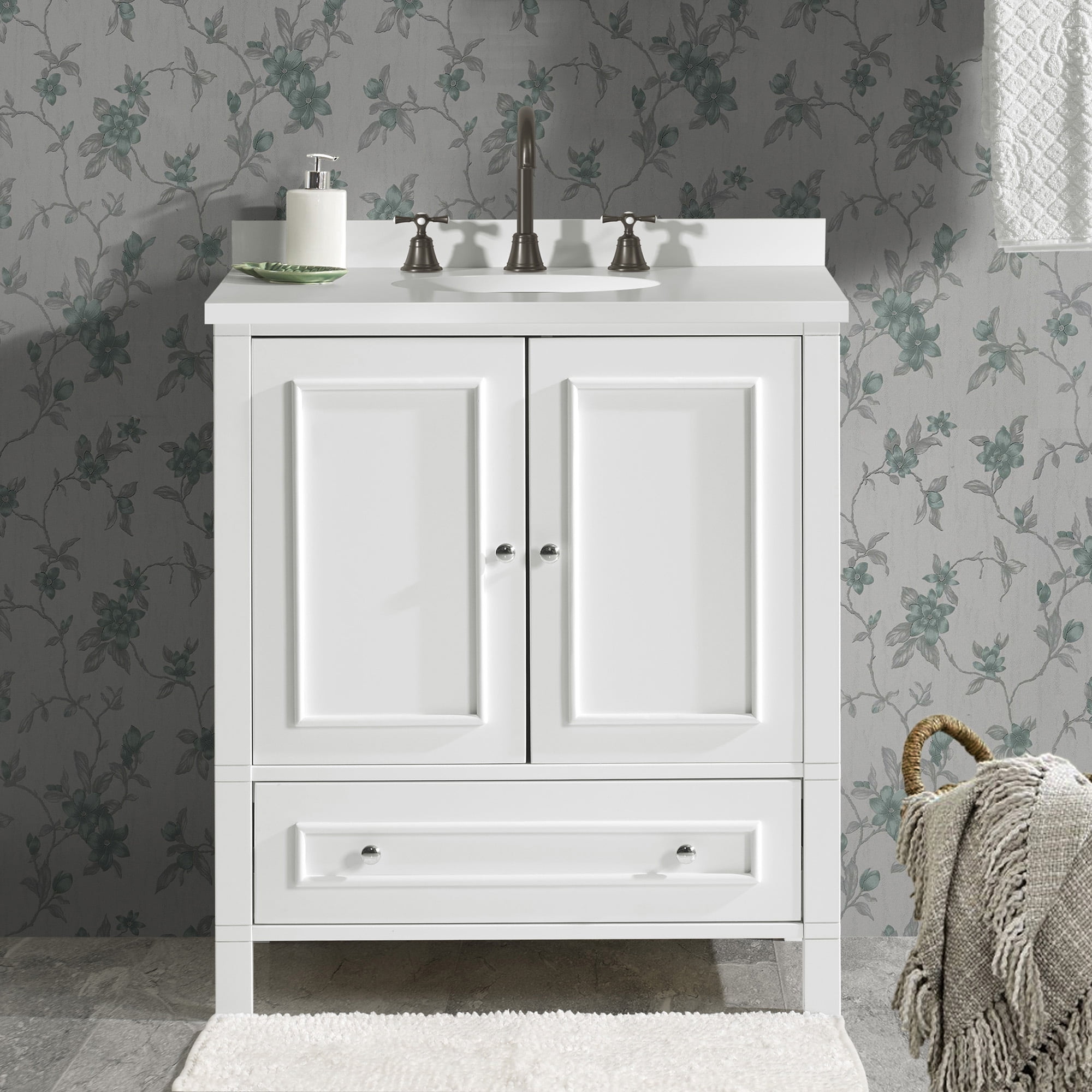 Alaterre Furniture 30in Wood Bathroom Vanity with Soft-Close Doors, White