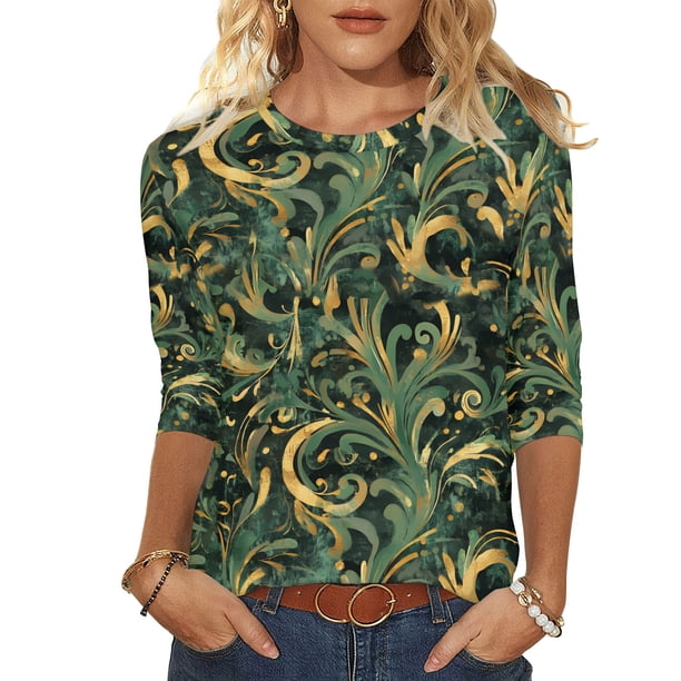 Tops de Manga Larga de Mujer 3/4 Manga Flores Impresas Cuello Redondo Blusa Casual Estiramiento Suave