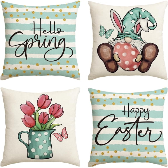 hofaaa Happy Easter Hello Spring Gnome Flower Throw Pillow Covers, 18 x 18 Inch Cushion Case Decoration for Sofa Couch Set of 4
