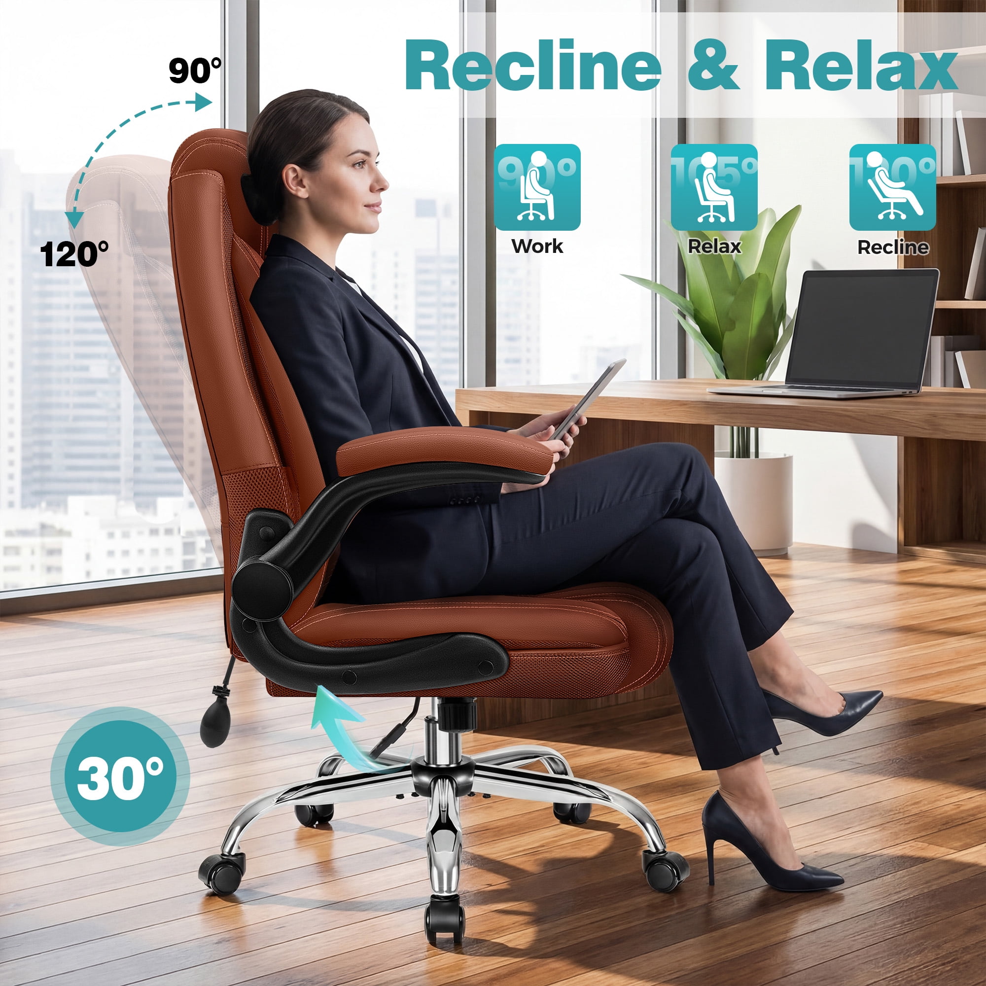ATHOPE Leather Office Chair, Executive Desk Chairs with Flip-up Padded Armrests, Big and Tall Office Chair with Wheels, Ergonomic Computer Chair with Lumbar Support for Home Office, Brown