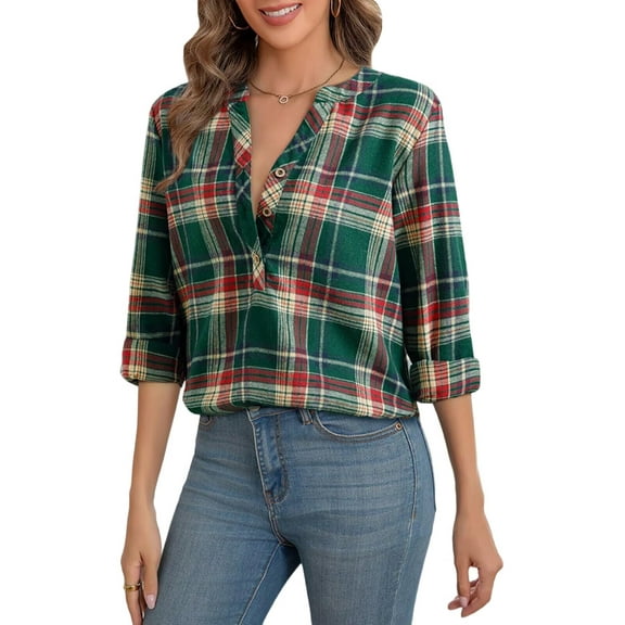 Women'S V Neck Plaid Shirts Dressy Casual Button-Down Business Work Boho Tops Long Sleeve Fall Outfits Dark Green XL