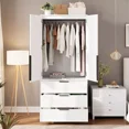 thumbnail image 3 of GarveeHome Armoire Wardrobe Closet, 69.5" Tall Wooden Wardrobe Cabinet with Rattan Doors, 2 Doors & 3 Drawers, Hanging Rod Clothing Storage for Bedroom, Entryway, Modular Design, White, 3 of 8