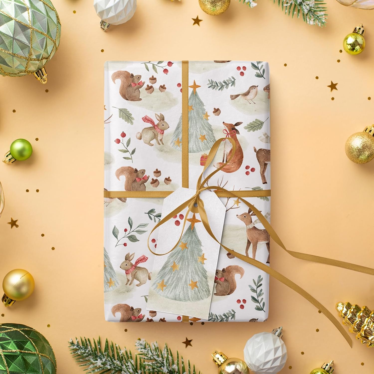 Kraft Christmas Wrapping Paper - Mini Roll - 17 Inch x 33 Feet - Warm Forest Animal Friends and Christmas Tree Wrapping Paper for Holiday, Party Celebration