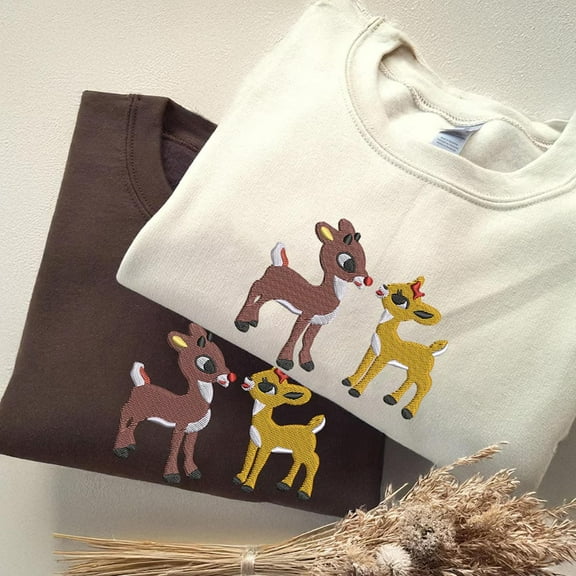 Christmas Embroidered Sweatshirt: Retro Reindeer Design, Rudolph The Red Nose Reindeer and Clarice, Fall Embroidered Sweatshirt.