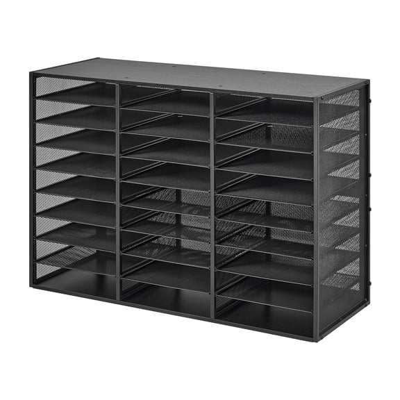 KFFKFF 27-Compartment Metal Literature Organizer with Removable Wire Mesh, Office Mail Sorter Featuring Wooden Top, Countertop Storage Solution for Files, Documents, and Papers, Black