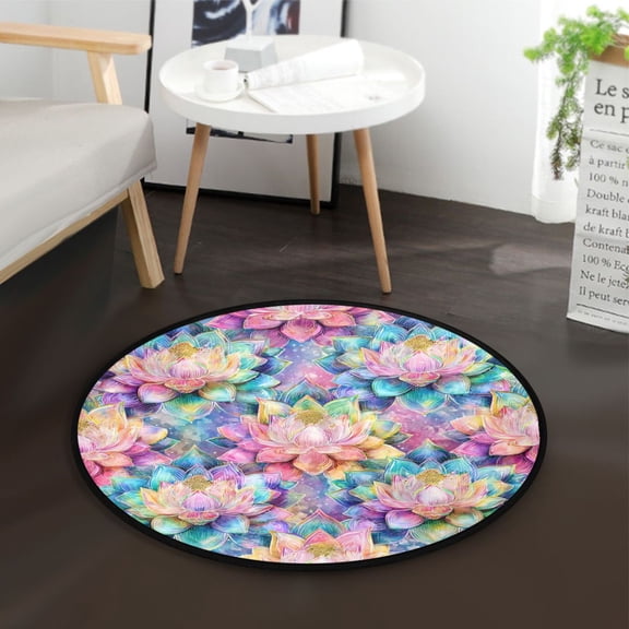 36.2 Inch Round Floor Mat Colorful Lotus Pattern Carpet Decor Rug for Living Room Bedroom