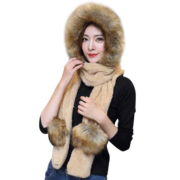Winter Warmer Hat Gloves Scarf Pocket 3 In 1 Set, Thick Long Fleece Hoodie Women Earflap Headscarf Ear Cuff Costume Cap