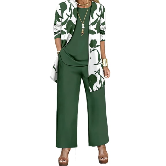 HBYJLZYG Floral Print 3 Piece Suit for Women Cardigan Tank Top and Wide Leg Pants, Elegant Summer Lounge Wear Set with Open Front Jacket, Casual Vacation Travel Outfit