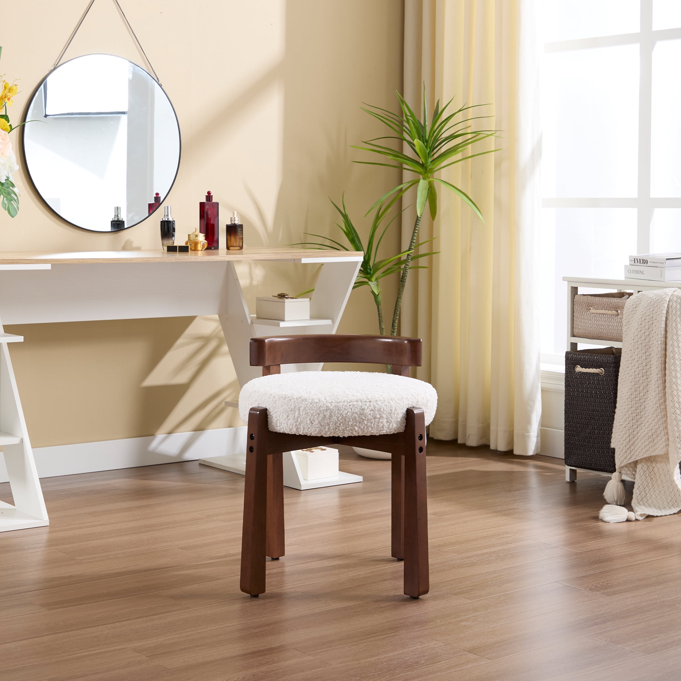 Guyou Wooden Vanity Chair, Modern Sherpa Upholstered Small Ottoman Footstool, Lovely Round Makeup Stool for Bedroom Living Room Makeup Room, White