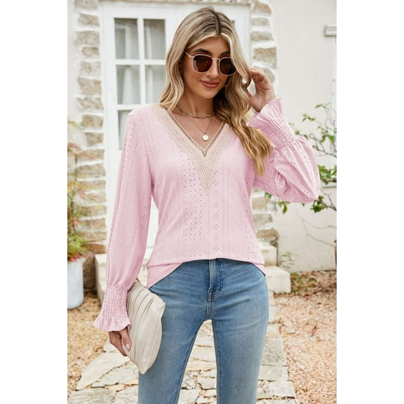 Eyelet V-Neck Smocked Flounce Sleeve Blouse