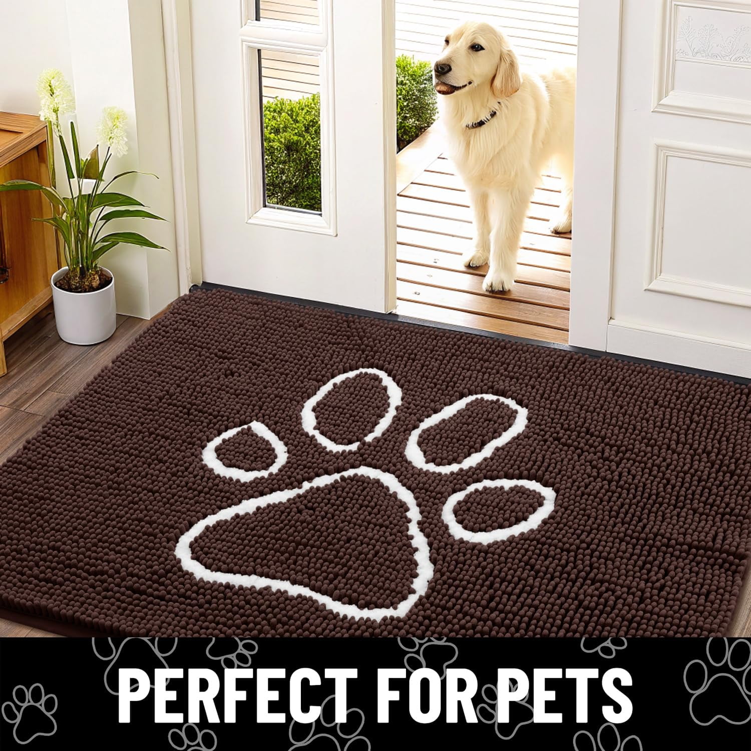 Buganda Dog Door Mats for Muddy Paws, Washable Dirt Trapper Front Door Rugs, Non-Slip Absorbent Chenille Indoor Doormats(36"x24", Brown)