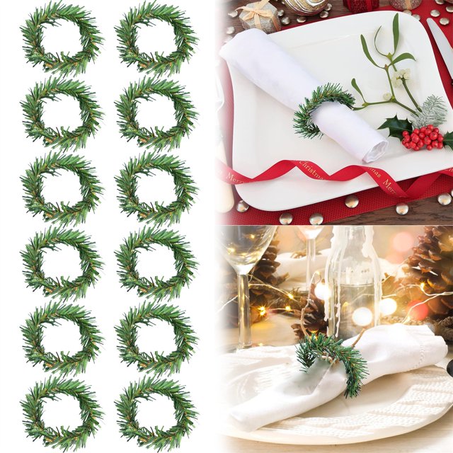 Cqxid Fixing Clip Under $5 12 PCS Christmas Napkin Rings Mini Artificial Needles Wreath Napkin Holder Christmas Candle Rings Holiday Napkin Holder For Banquet Table Decorations