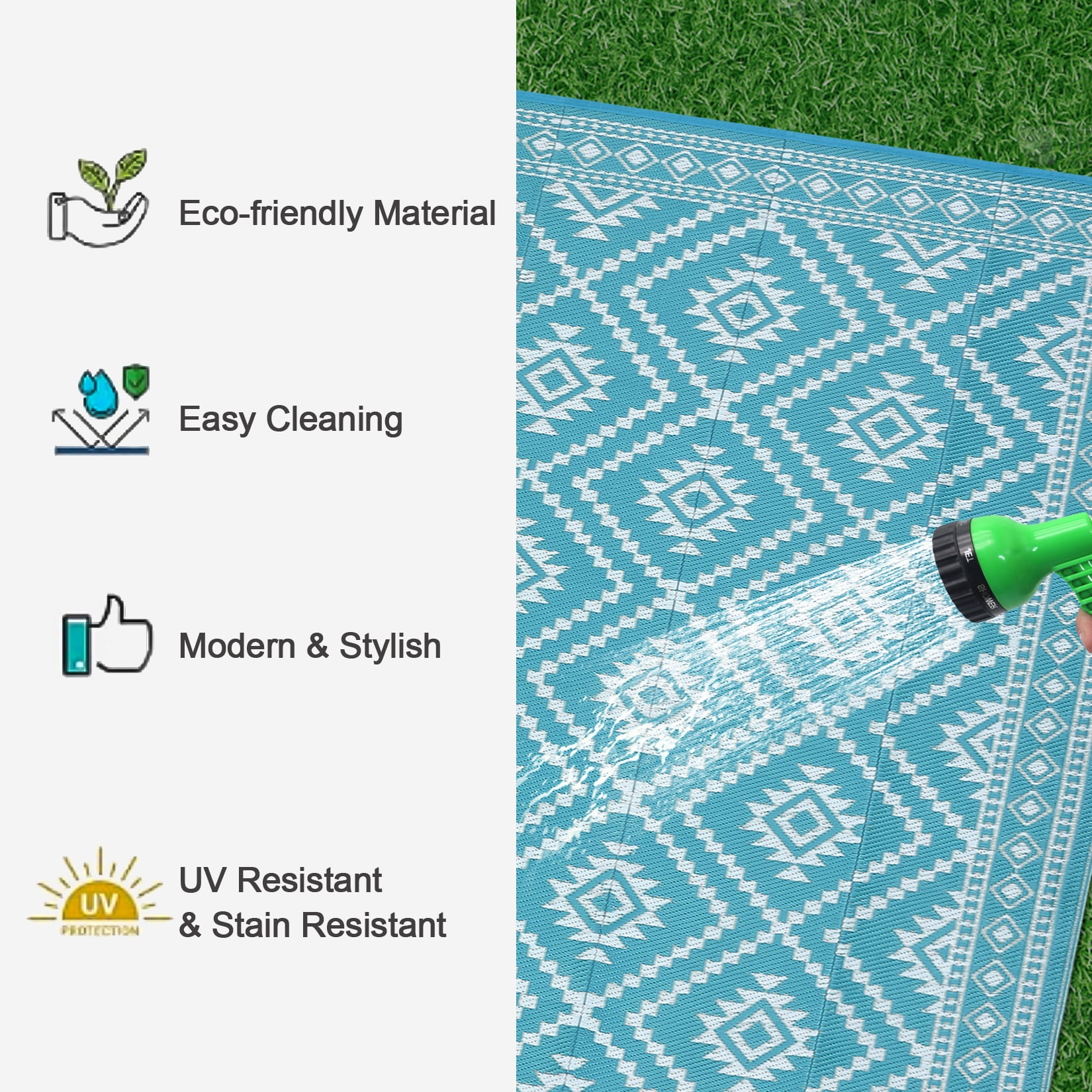 GlowSol 8x10 Outdoor Rug for Picnic Beach Deck-Outdoor Waterproof Patio Rug Indoor Outdoor Boho Geometric Area Rug Reversible Rug, Light Blue/White