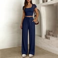 thumbnail image 2 of Women's Summer 2 Piece Matching Lounge Sets Short Sleeve Crop Tops Wide Leg Pants Airport Travel Outfits Navy L(L), 2 of 7