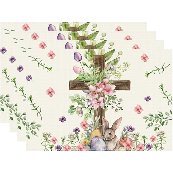 Easter Watercolor Cross Bunny Colorful Eggs Flowers Leaves Rabbits Spring Cloth Placemats Set of 4 Table Mats Table Decorations 12x18 Inch