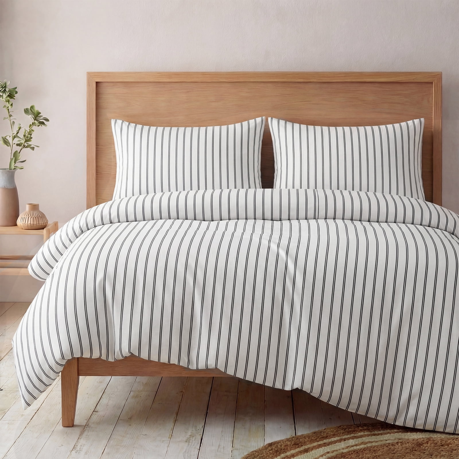 King Size Duvet Cover Set 100% Cotton Sateen 300TC- Black & White Striped Bedding Set, Luxury Silky Soft Striped Duvet Cover 3 Pcs, Hotel Style Room Decor,Zipper & Corner Ties