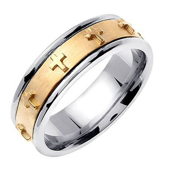 14k Two-Tone Gold 7MM Cross Carved Design Wedding Band Comfort fit Size 8.5
