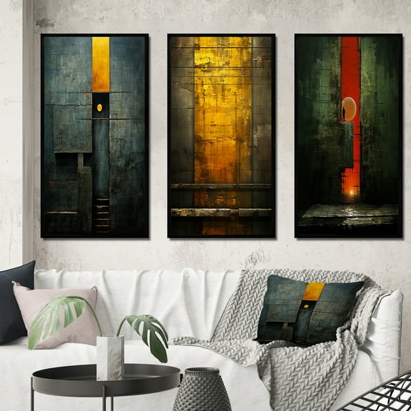 Designart "Indigo Stairway Minimal Grace II" Modern Geometric Framed Wall Art Set Of 3 - Gold Abstract Geometric Frame Canvas Set For Living Room Decor